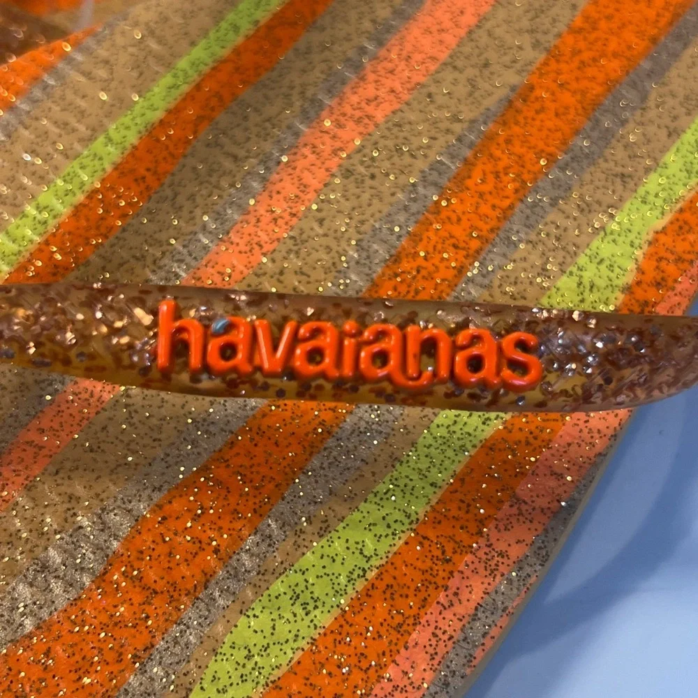 NWT Havaianas Slim Square Folia Flip Flops Glitter Striped Wom 9/10 Peach Orange - Picture 12 of 14